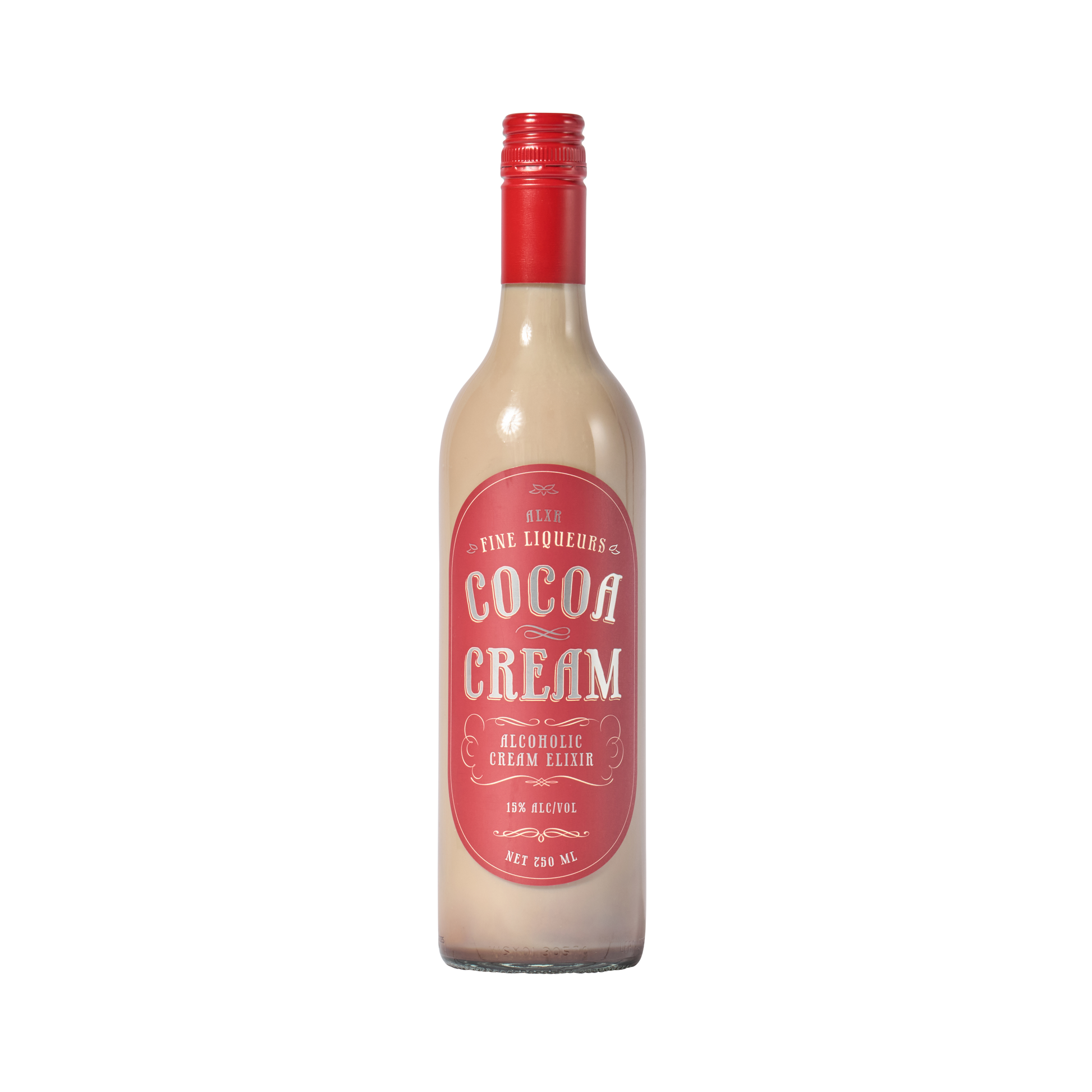 A bottle of Cocoa Cream liqueur with a red cap and label that includes the ALXR