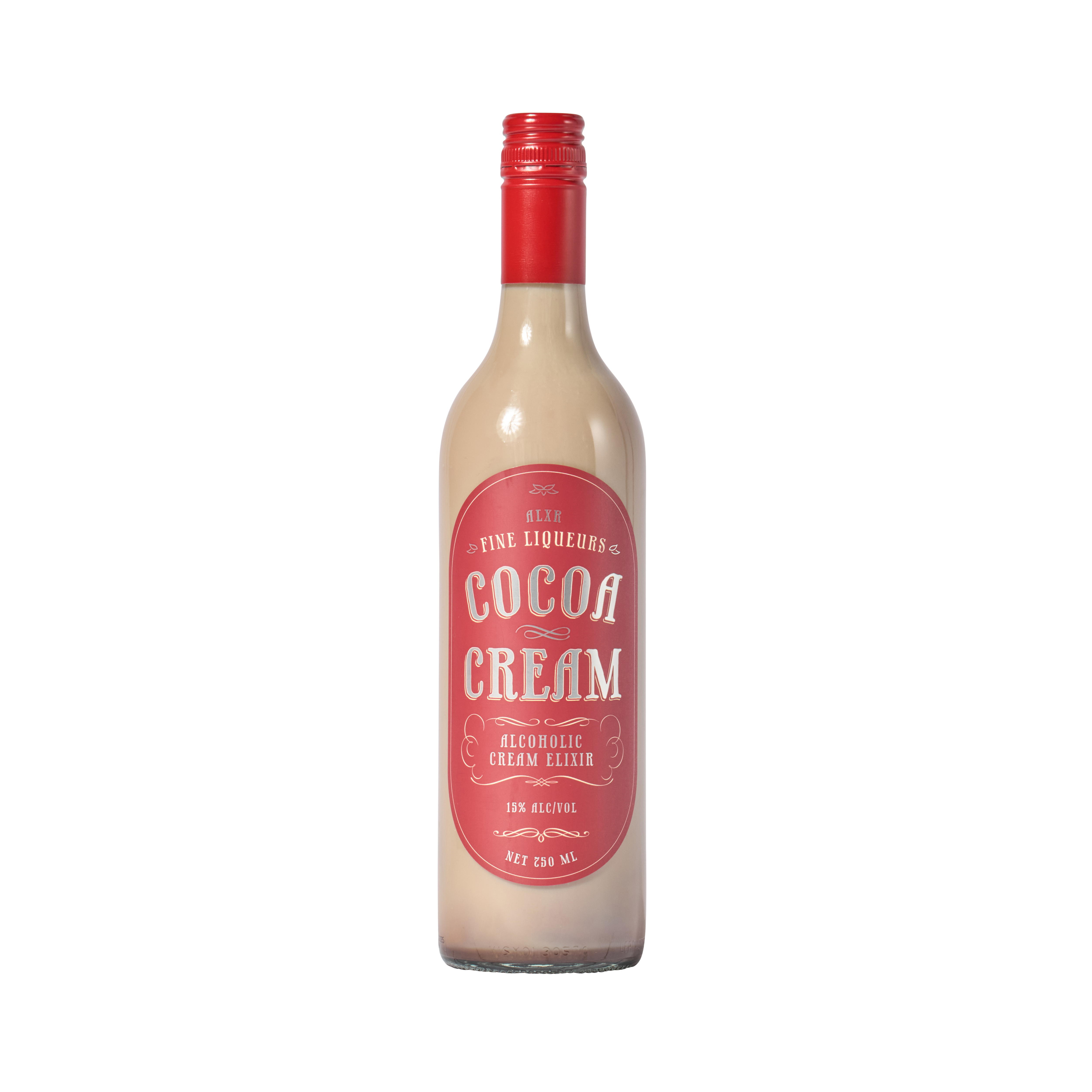 A bottle of Cocoa Cream liqueur with a red cap and label that includes the ALXR